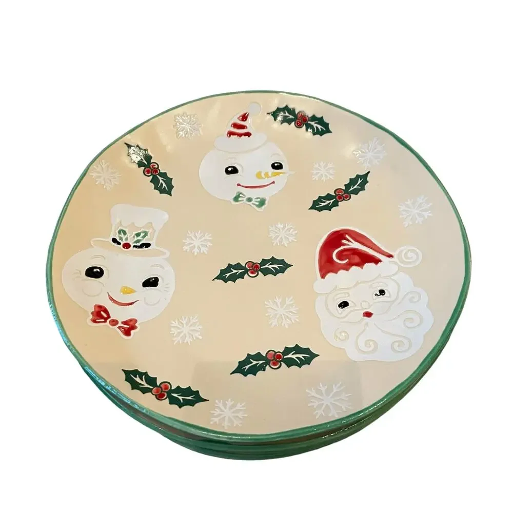ELI + ANA Snowman Vintage Vives Salad Plate 8in Set of 4 Christmas Ceramics